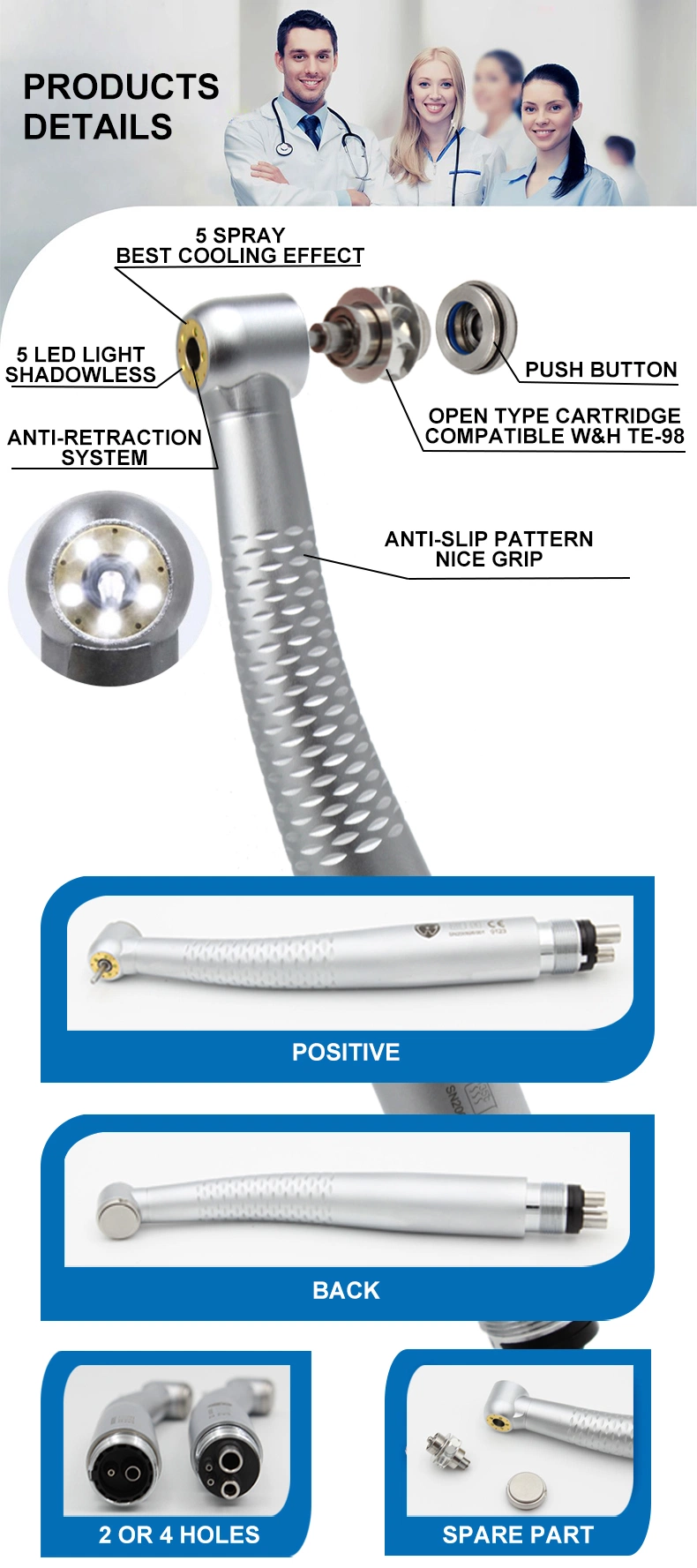 Dental Equipment 5 LED Light Shadowless 5 Water Spray High Speed Air Turbine Handpiece